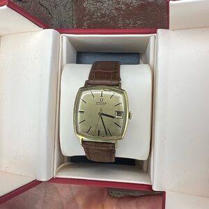 Omega Men's Watch with Gold Case and Brown Strap